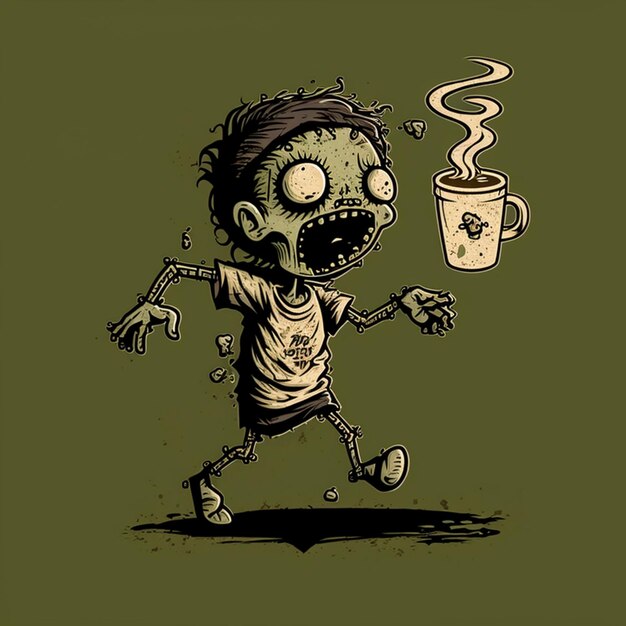 Photo cartoon zombie with coffee cup and cigarette in hand generative ai