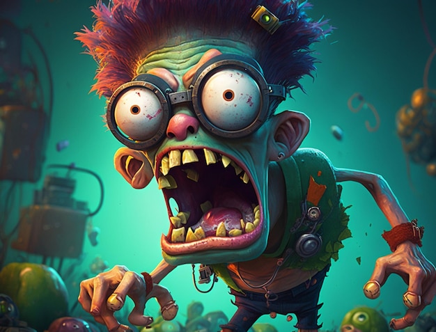 Cartoon zombie with goggles and a green shirt on generative ai