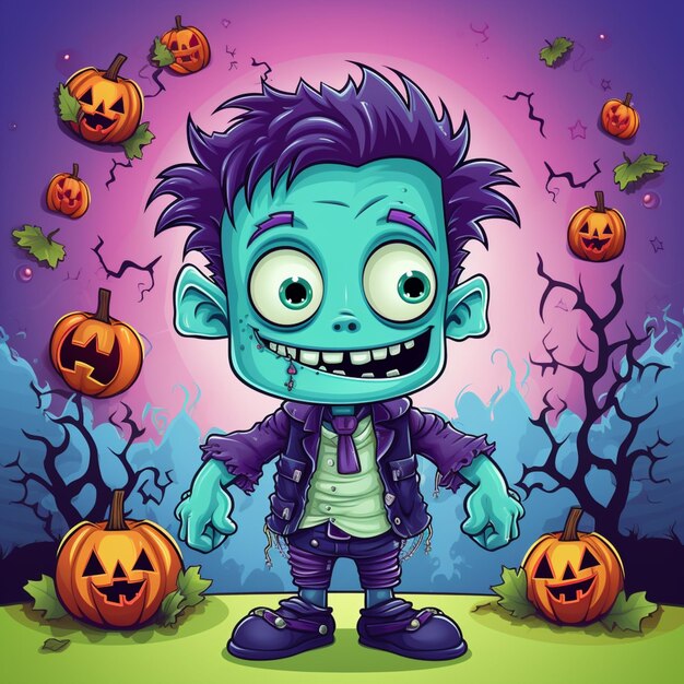 Photo cartoon zombie with purple hair and purple pants standing in front of a spooky halloween scene generative ai