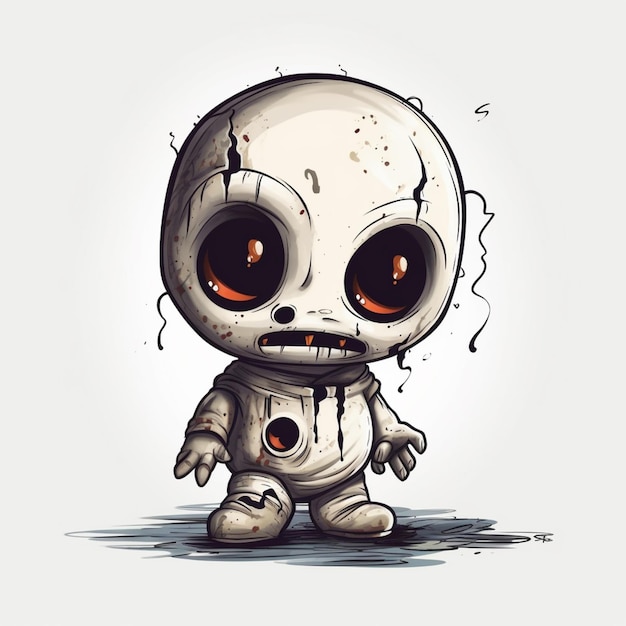 A cartoon of a zombie with a white face and red eyes.