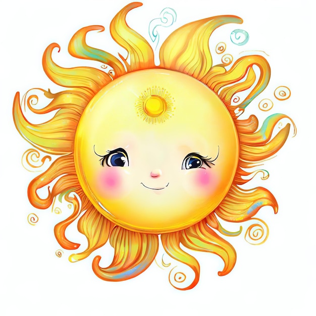 Cartoon zon met een glimlach op een witte achtergrond.