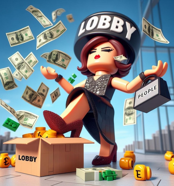 cartoonachtige humor grappige illustratie schildert een vrouw af die lobby in het congres geld aan de politiek laat leveren