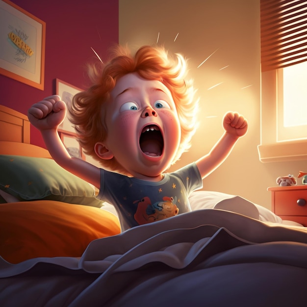 cartoonafbeelding van een kind dat wakker wordt in bed met zijn armen omhoog generatieve ai