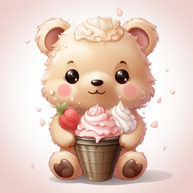 cartoonbeer met een cupcake en een aardbeien op zijn hoofd generatieve ai