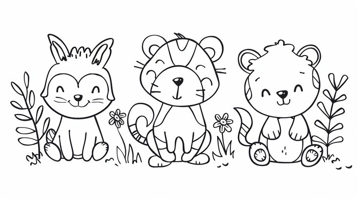Foto cartoondieren konijn tijger en leeuw met bloemen en bladeren