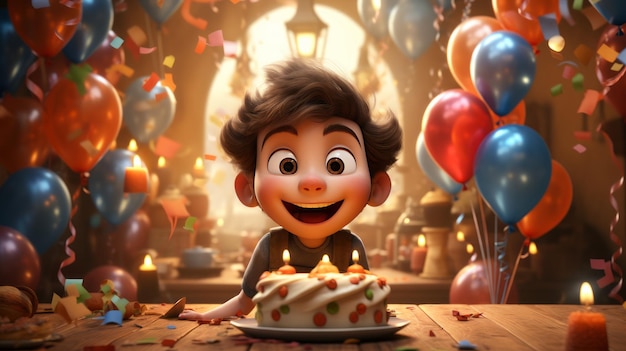 Cartoonfiguren van kinderen vieren hun verjaardag in 3D-stijl gemaakt door Generative AI