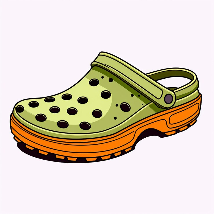 cartoonillustratie van een groene en oranje cloggerschoen met zwarte stippen generatieve ai