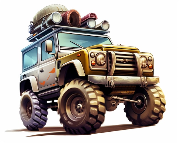 cartoonillustratie van een voertuig met vierwielaandrijving met een generatieve ai met grote banden
