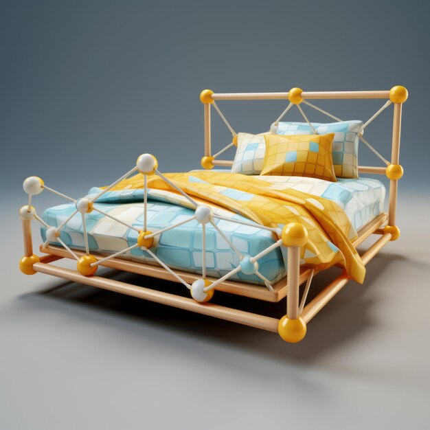 Cartoonish 3d Bed With Gold Striped Bedding And Wooden Frame