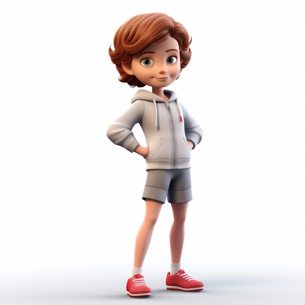 ショートパンツとフーディを着た漫画的な3D Kid Standing Portrait