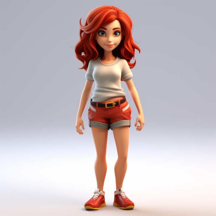 Photo cartoonish 3d model of jennifer redhaired girl in shorts and top