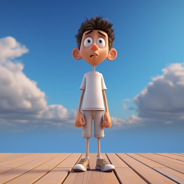 Photo cartoonish 3d render of a boy standing on a dock