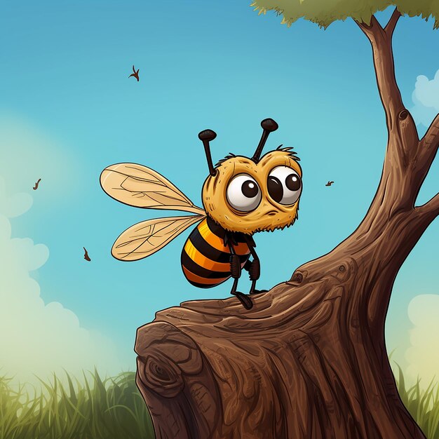 Photo cartoonish bee on tree by ai generated