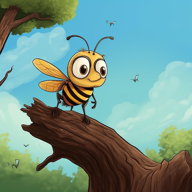 Photo cartoonish bee on tree by ai generated