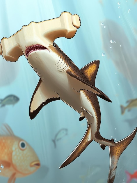a cartoonish hammerhead shark swimming in a colorful underwater scene