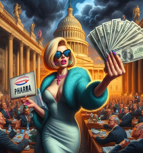 cartoonish humour funny illustration depict a woman make lobby in congress deliver money to politics