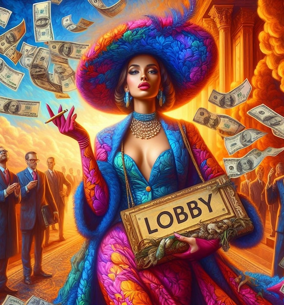 мультяшный юмор забавная иллюстрация изображает женщину, заставляющую лобби в конгрессе доставлять деньги политике