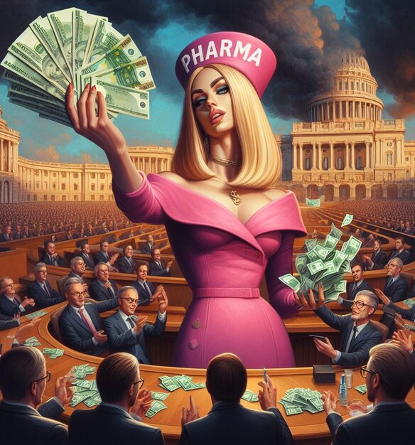 cartoonish humour funny illustration depict a woman make lobby in congress deliver money to politics