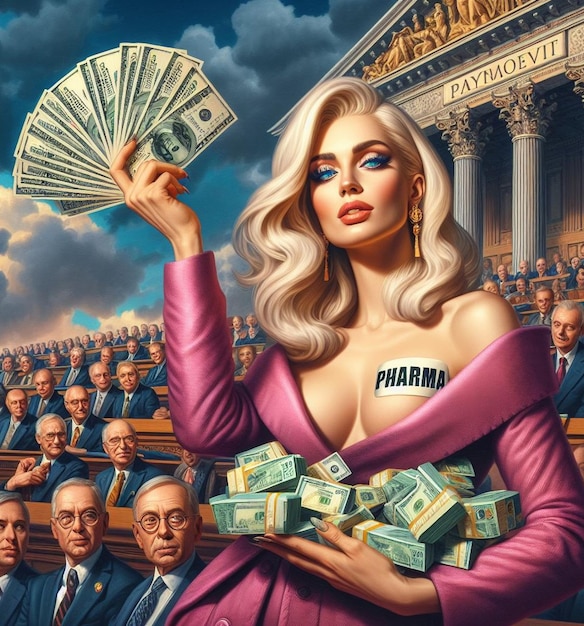 cartoonish humour funny illustration depict a woman make lobby in congress deliver money to politics