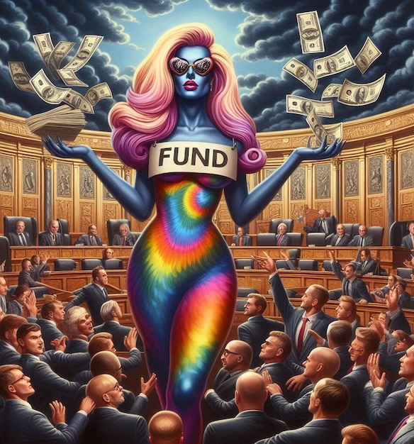 Foto umorismo caricaturistico illustrazione divertente raffigura una donna fare lobby in congresso consegnare denaro alla politica