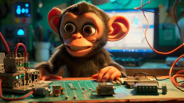 cartoonish monkey tinkering with raspberry pi in workshop