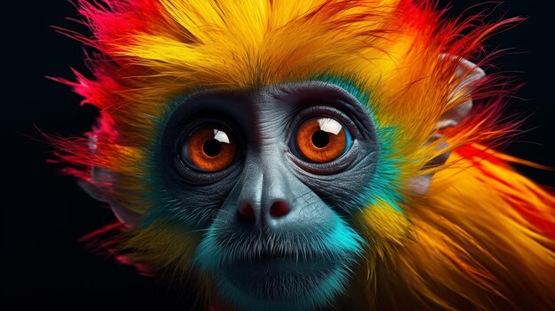 Photo a cartoonish monkey with large wide eyes leans over a vivid colored edge