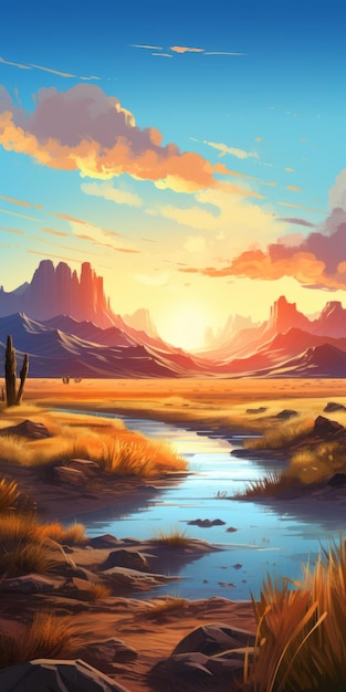 Cartoonish Realism Stunning Sunset Desert With Flowing Stream