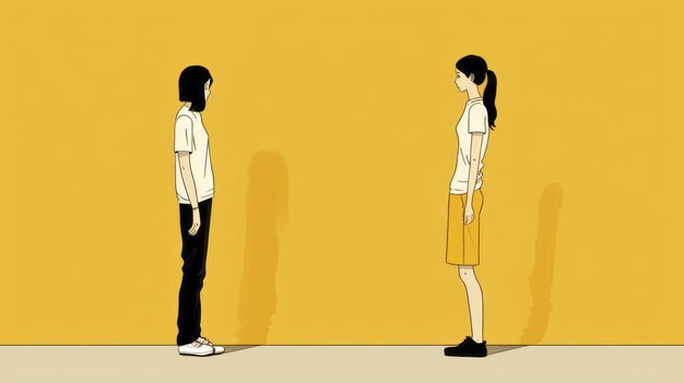 Cartoonish realism two people in front of a yellow wall