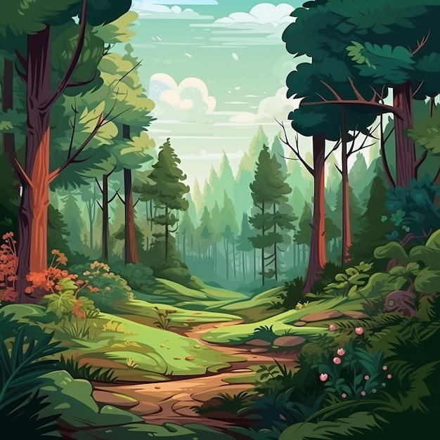 Cartoonish style flat forest scene