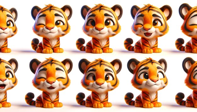 Photo cartoonish tiger shown in four angles each depicting a different expression happy curious surpri