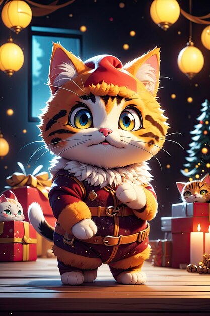 写真 サンタクロースの衣装を着た漫画的な可愛い猫