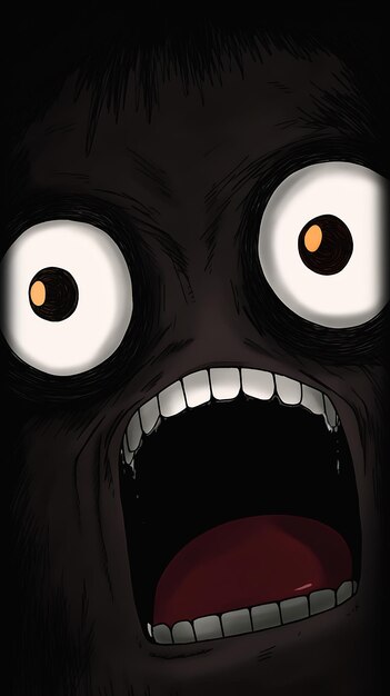 Photo a cartoonishly creepy face with glowing eyes peers out from the darkness, its suit feeling angry and black. the panel cuts to the screaming air, black princess cut hair, and exploitable pupils.