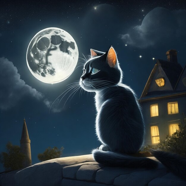a cartoonist cat in the moonlit night background Cute cat cartoon background