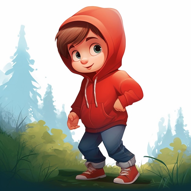 cartoonjongen in rode hoodie die in het bos loopt generatieve ai