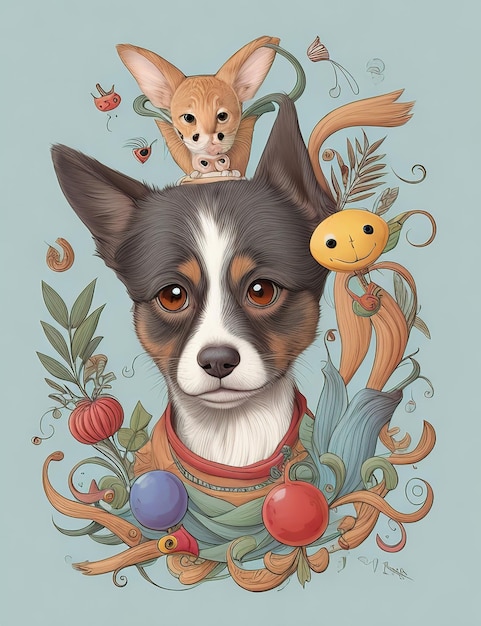 Cartoonlike portrait of a cat and dog