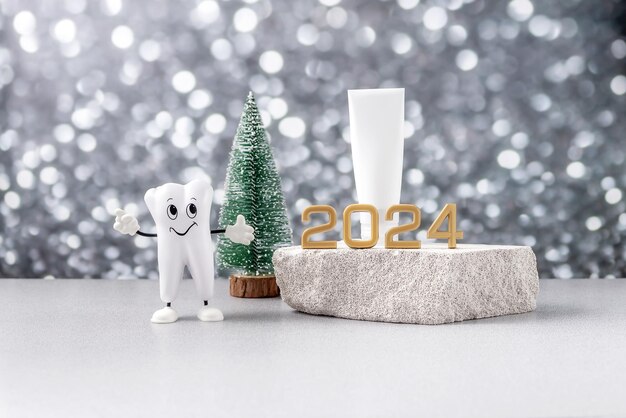 Foto cartoonmodel van een tand de nummers 2024 op een podium gemaakt van stenen tandpasta en kerstbomen op een achtergrond van zilveren bokeh