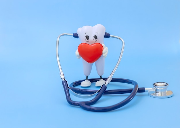 Cartoonmodel van een tand met een hart en een stethoscoop