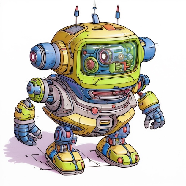Foto cartoonrobot met een gele helm en blauwe benen generatieve ai