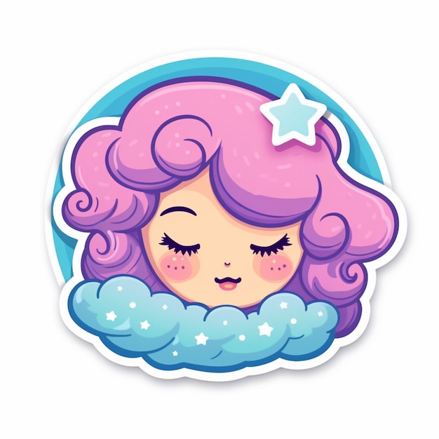 cartoonsticker van een meisje met roze haar en een ster op haar hoofd generatieve ai