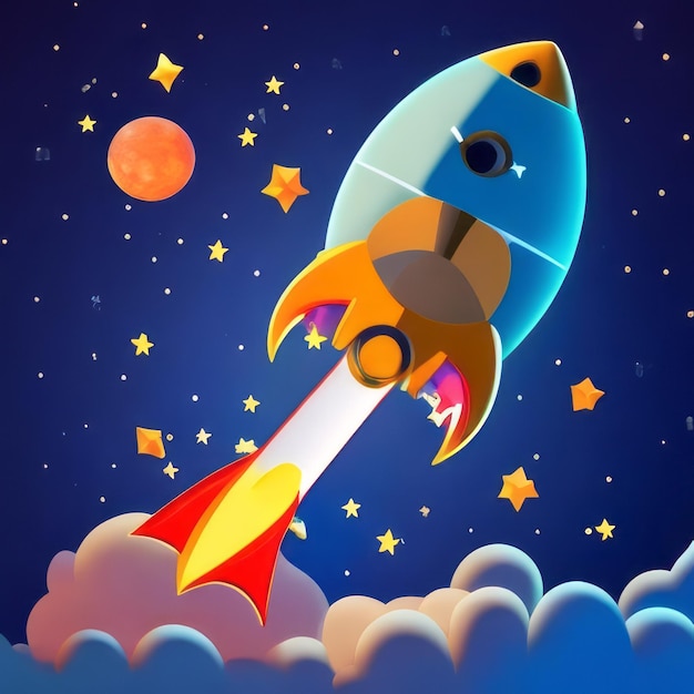 Photo a cartoonstyle emoji rocket ship soaring through a starfilled night sky its destination the glow