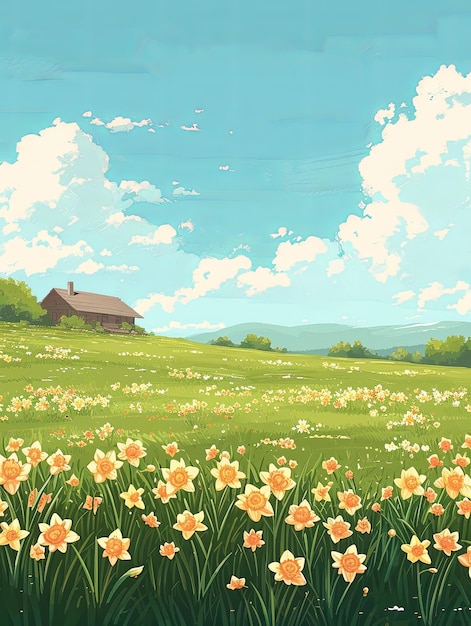 cartoonstyle hillside with colorful flowers and sky