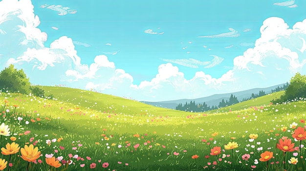 cartoonstyle hillside with colorful flowers and sky