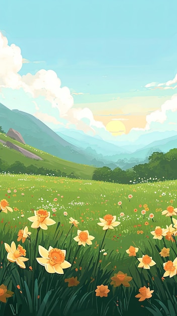 カートゥーンスタイルの丘の斜面に色とりどりの花と空がある