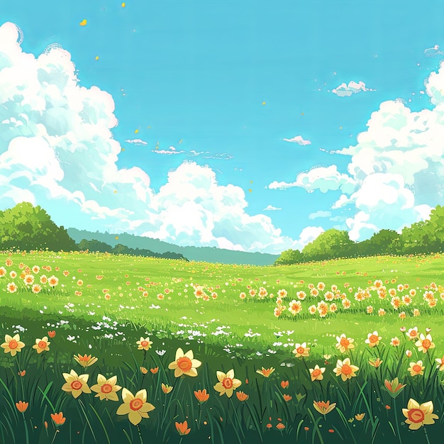 cartoonstyle hillside with colorful flowers and sky