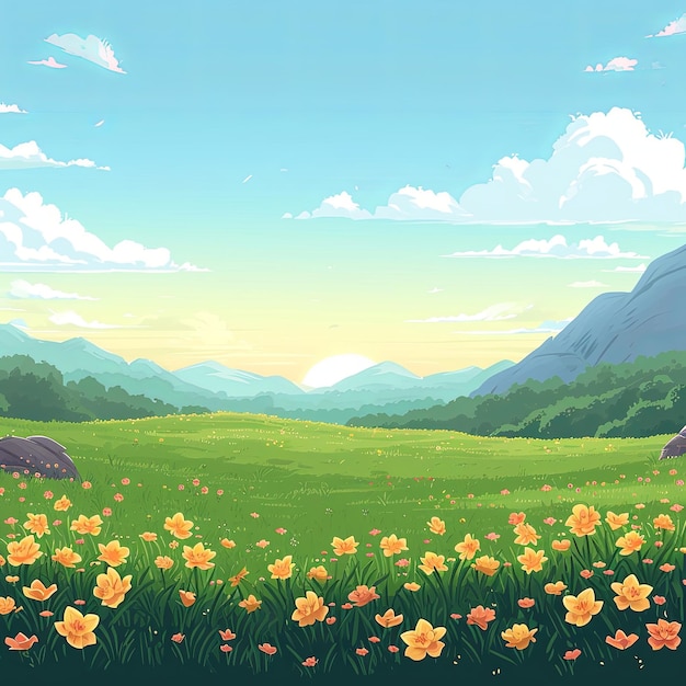 cartoonstyle hillside with colorful flowers and sky