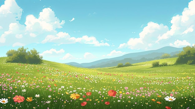 Склоны холма в стиле мультфильма с красочными цветами и небом