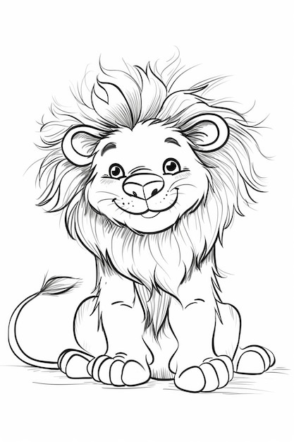 Фото Иллюстрация в стиле мультфильма с счастливым львиным детенышем, сидящим и улыбающимся.