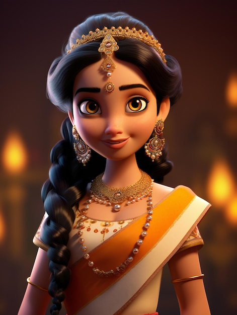 CartoonStyle Indian Girl in Traditional Attire with 3D Touch