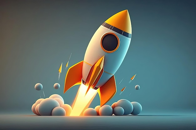 A cartoonstyle rocket is depicted in full blastoff mode evoking a playful and colorful design that harks back to retrofuturistic concepts AI