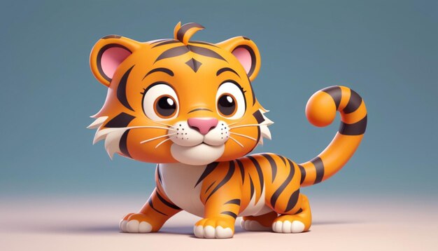 Маленький тигр в стиле мультфильмов. У него большие выразительные глаза и большая голова.